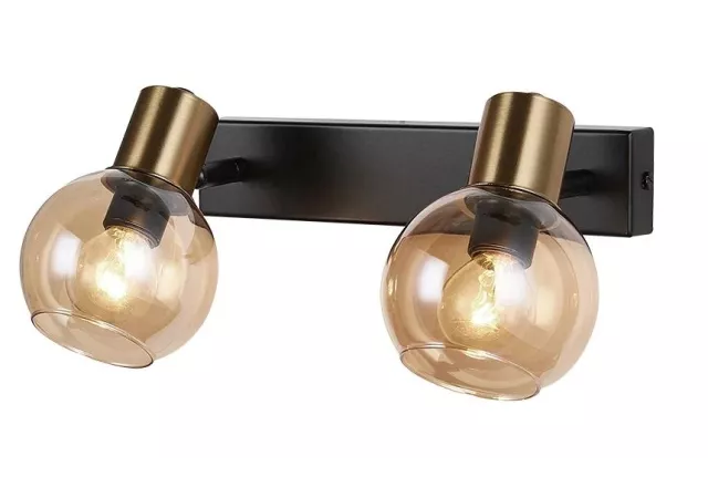 wandlamp zwart/goud met amber glas excl. 2xE14
