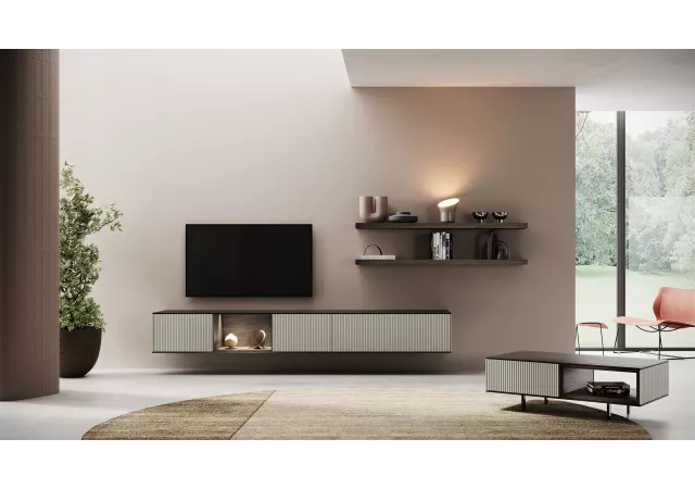 Tv-meubel soft grey gegroefd, incl. verlichting (279 cm)
