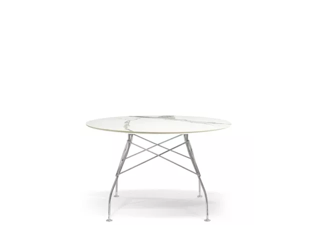 TAFEL GLOSSY ROND 118CM MET FRAME IN CHROOM EN TAFELBLAD STONEWARE WITH MARBLE FINISH