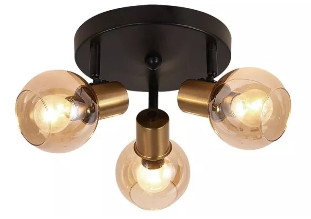 plafondlamp zwart/goud met amber glas excl. 3xE14